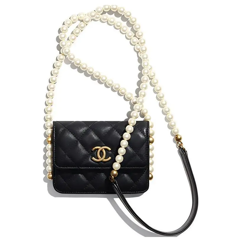 CHANEL Cow Leather+Pearl Vintage Gold Metal Card Holder, Coin Purse, Shoulder Bag, Crossbody Bag Small Women's Black