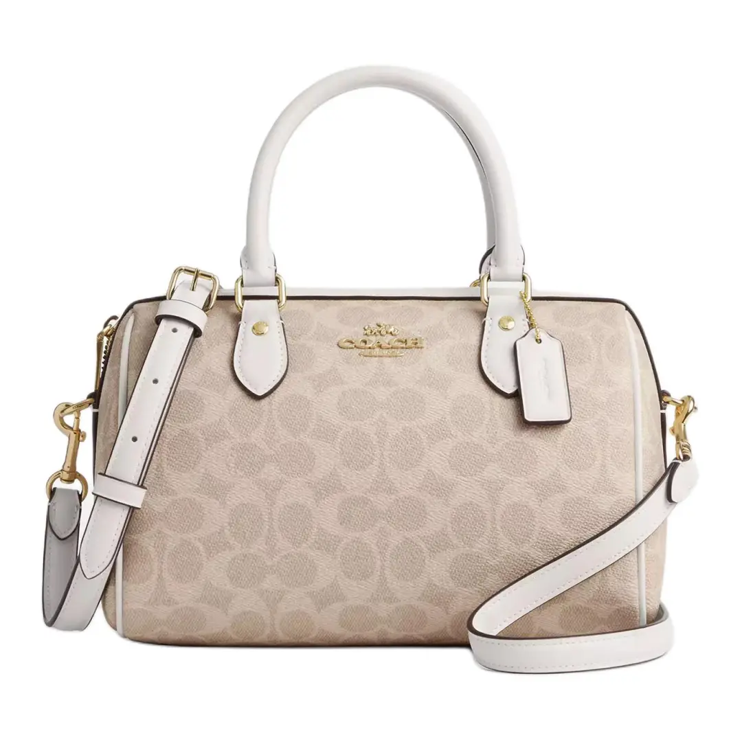 COACH Rowan Coated Canvas Shoulder Bag, Crossbody Bag, Handbag Medium Women's Sand & Chalk White
