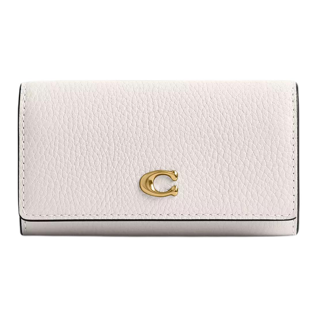 COACH Coach key case 11 metal logo snap closure polished pebbled leather key case women's white