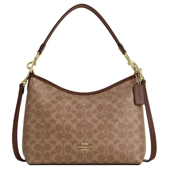 Сумка-хобо COACH Laurel 31 со съемным плечевым ремнем и застежкой-молнией, холщовая сумка с покрытием, женская сумка на плечо большого размера, кленового цвета