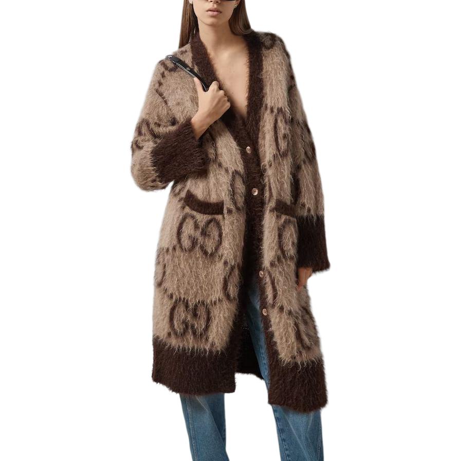 Женские кофта Gucci Gg Mohair Wool Long Cardigan V (коричневая) — фото 3