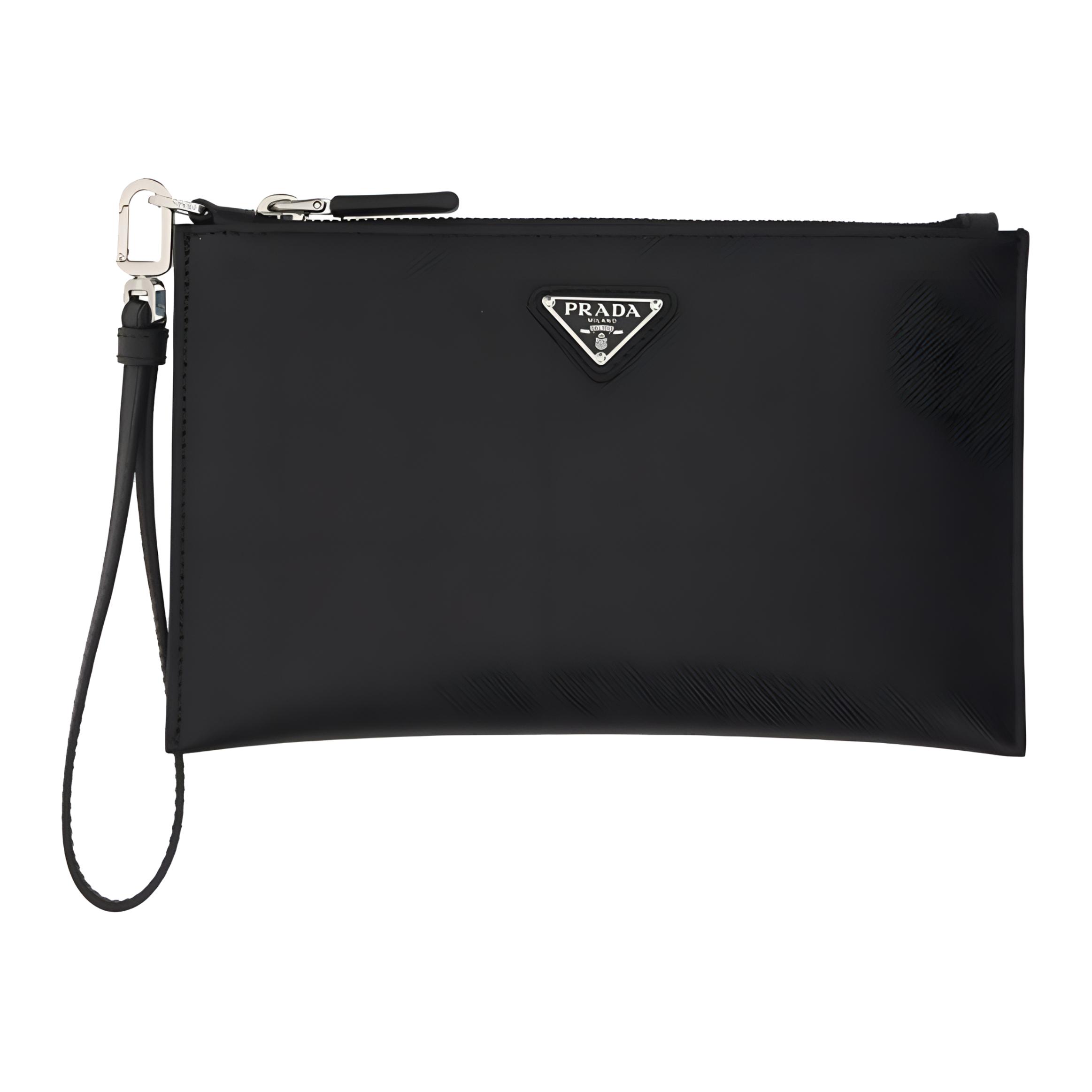 PRADA Prada, enamel, triangle, removable bracelet, leather black small clutch bag, men's style