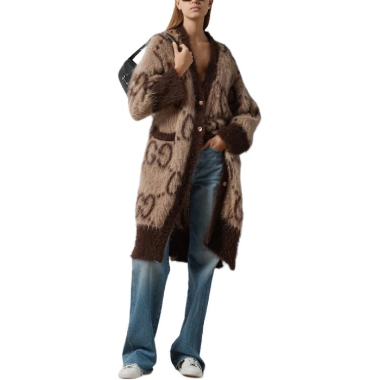 Женские кофта Gucci Gg Mohair Wool Long Cardigan V (коричневая) — фото 4