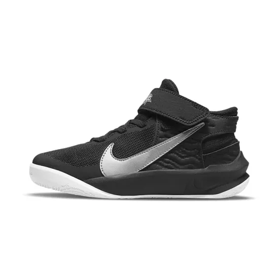 Nike Team Hustle D 10 FlyEase Slip-Resistant Cushioning Wear-Resistant Mid-Top Basketball Shoes Black Silver Pre-school