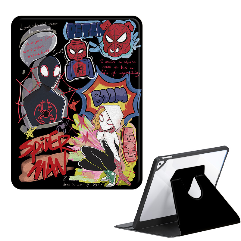 US 10 cents MSMF imitation leather material cartoon animation fashion high-looking Marvel Spider-Man Miles Apple anti-bending anti-fall rotatable case iPad Pro/11 inch/10.9 inch/12.9 inch/10th generation/AIR5/MINI6 tablet protective case