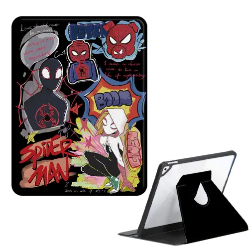 US 10 cents MSMF imitation leather material cartoon animation fashion high-looking Marvel Spider-Man Miles Apple anti-bending anti-fall rotatable case iPad Pro/11 inch/10.9 inch/12.9 inch/10th generation/AIR5/MINI6 tablet protective case