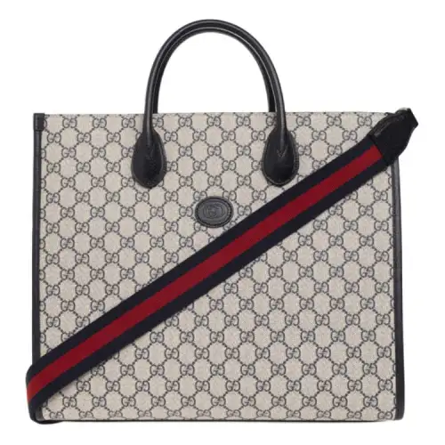 GUCCI Canvas With Leather Tote Bag, Shopping Bag, Shoulder Bag, Crossbody Bag, Handbag Medium Unisex Blue/Beige