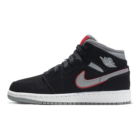 Jordan 1 Mid Black Particle Grey Gym Red GS