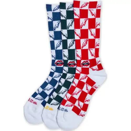 Chrome Hearts FW22 plaid lip details intarsia knitted mid-calf socks, same style for men and women, 1 set of 3 pairs (blue + green + red)