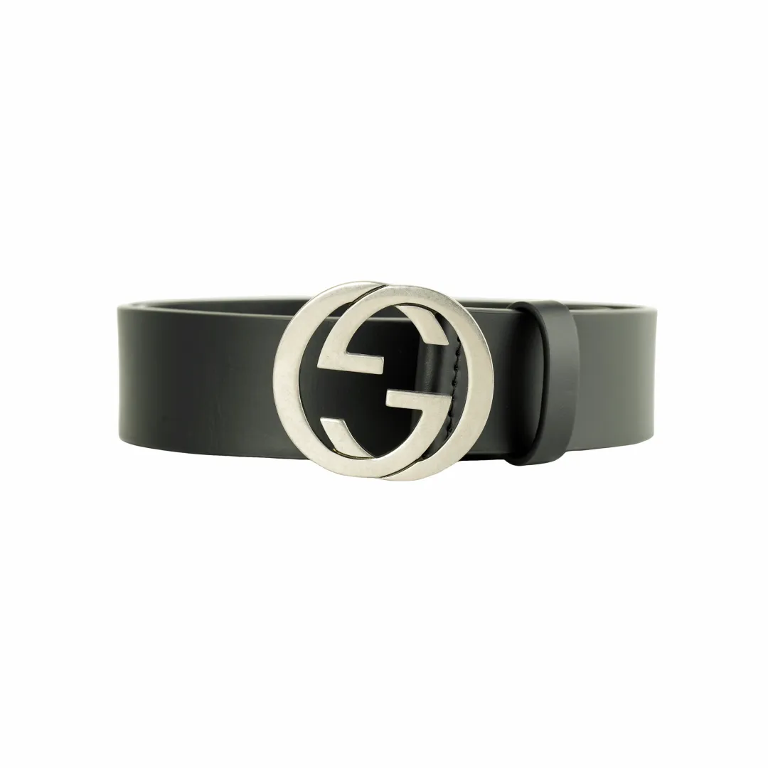 GUCCI Interlocking G Leather Belts Men's Black Width 3.8cm