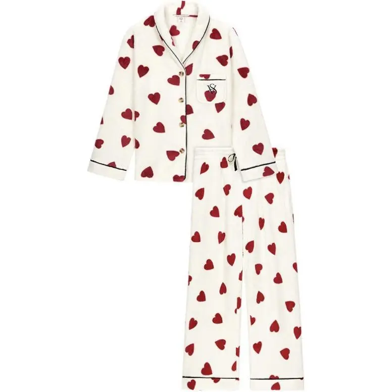 Victoria's Secret Pajama Set Plumping Soft And Fitting Warmth Instantly Women's Heartbeat White
