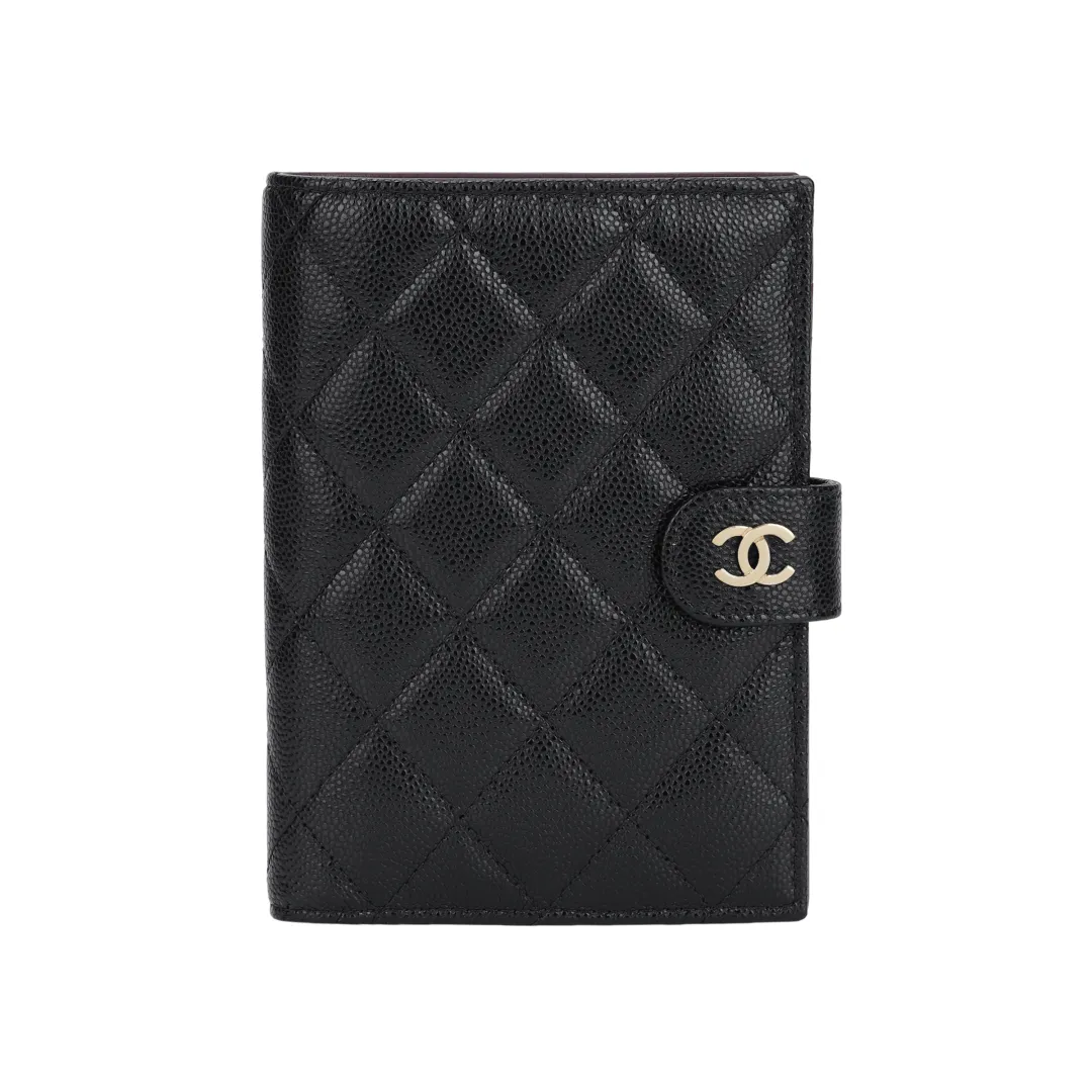 CHANEL Shiny Grain Calfskin & Gold Metal Passport Holder Small Women's Black