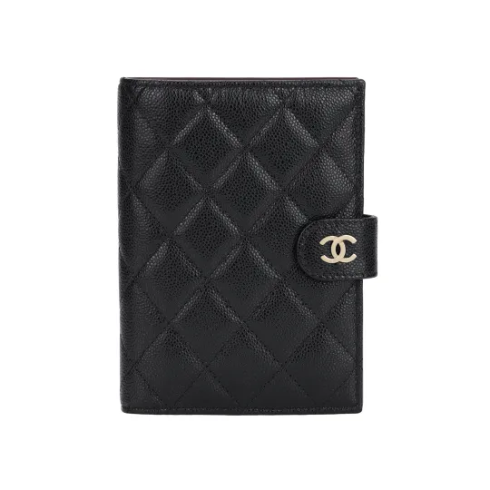 CHANEL Shiny Grain Calfskin & Gold Metal Passport Holder Small Women's Black