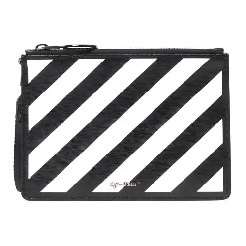 OFF WHITE Leather Pochette Clutch Regular Unisex Black & White