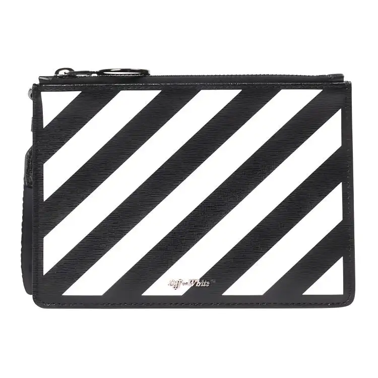 OFF WHITE Leather Pochette Clutch Regular Unisex Black & White