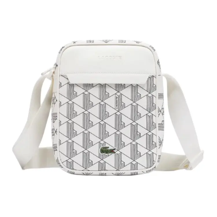 LACOSTE PVC Shoulder Bag, Crossbody Bag Medium Unisex Ivory & Emerald Green