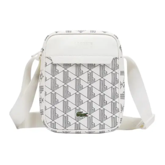 LACOSTE PVC Shoulder Bag, Crossbody Bag Medium Unisex Ivory & Emerald Green