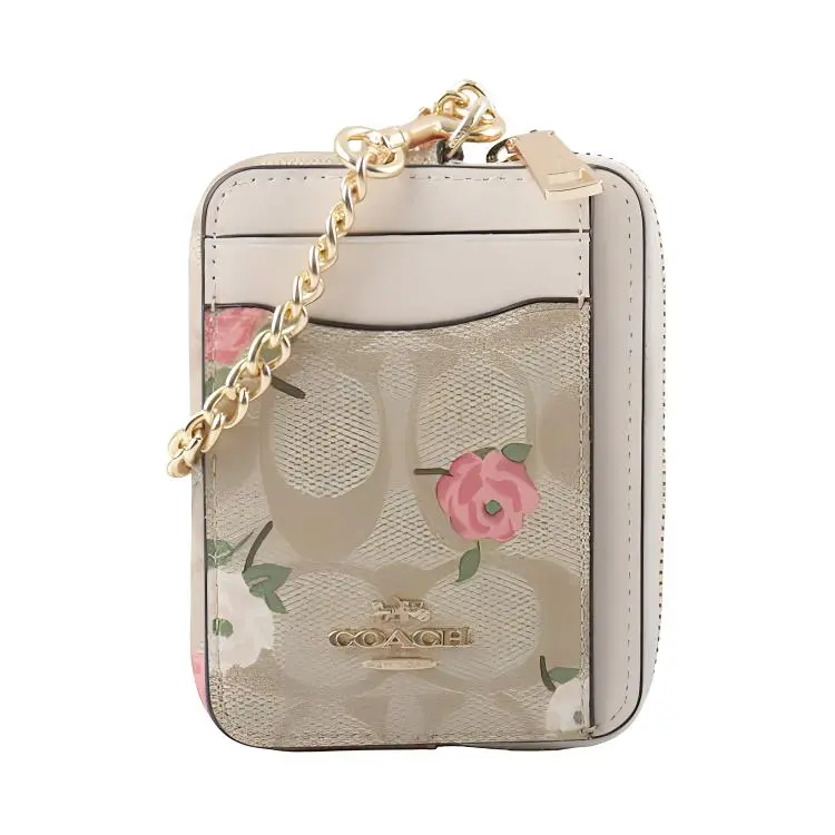 COACH Card Case Coated Canvas With Smooth Leather Zip Card Holder Regular Women's Gold & Light Khaki Chalk