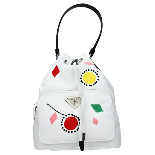 PRADA Drawstring Fabric Handbag Women's White