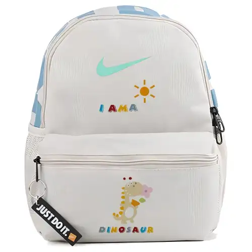 Nike, foldable children's bag for leisure with zipper, cartoon cute dinosaur solar-powered with letters, children's white backpack, custom-made, for teenagers, print