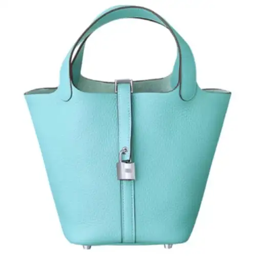 HERMES Picotin Lock Clemence Bullock Leather Basket Bag, Bucket Bag, Handbag Women's 3P Bleu Atoll Lagoon Blue