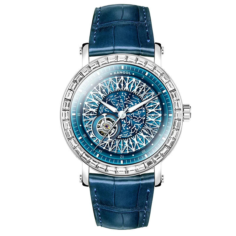 KANGOL Automatic Mechanical Movement Genuine Leather Strap Watch Men's Watches Skeleton Dial