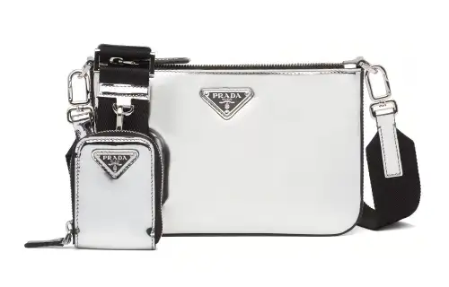 PRADA Shiny Leather Shoulder Bag, Crossbody Bag Men's Mirror Finish Silver