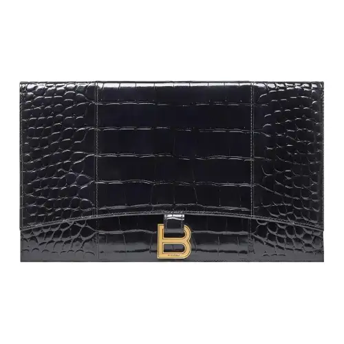 Balenciaga Hourglass Crocodile Pattern Cow Leather Clutch Women's Black