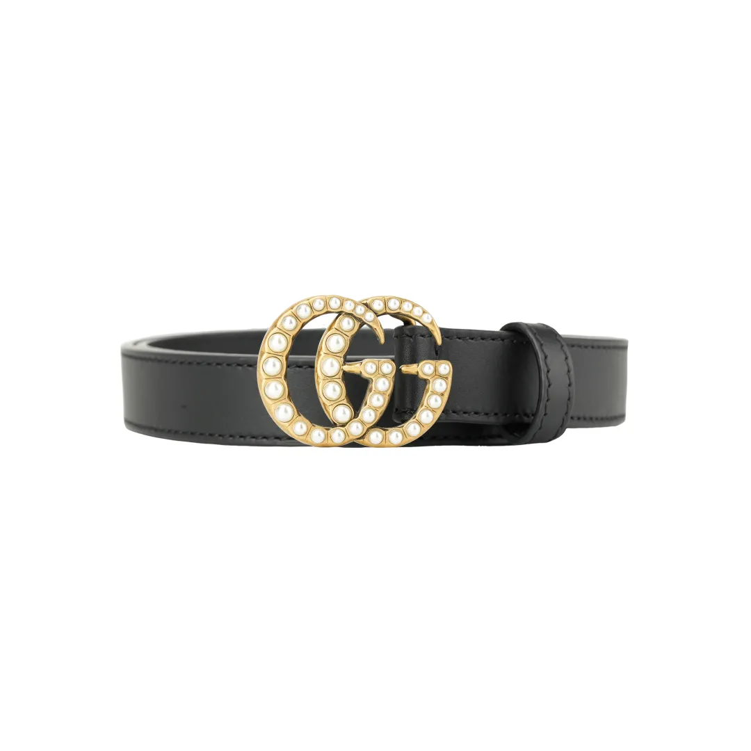 GUCCI Double G Thin Leather Belt Pearl Buckle 0.8 Width