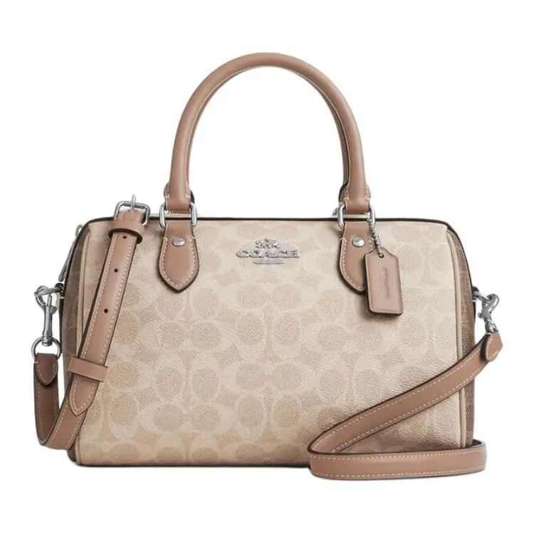 COACH Rowan Coated Canvas Boston Bag, Crossbody, One Shoulder, Handbag Medium Women's Sand & Gray Brown & Multicolor