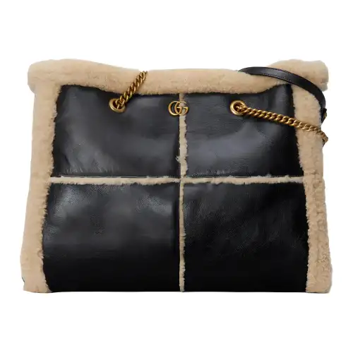 GUCCI GG Marmont Leather With Merino Wool Trim Handbag Large Women's Black