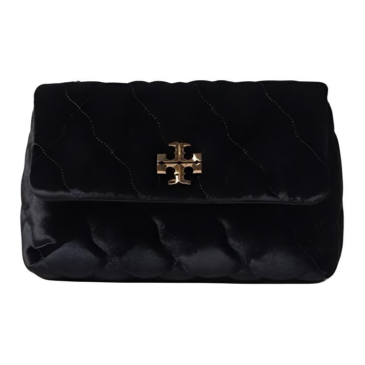 TORY BURCH Kira Solid Color Herringbone Quilted Chain Magnetic Snap Velvet and Leather Hand-held Shoulder Bag Small Women's Black