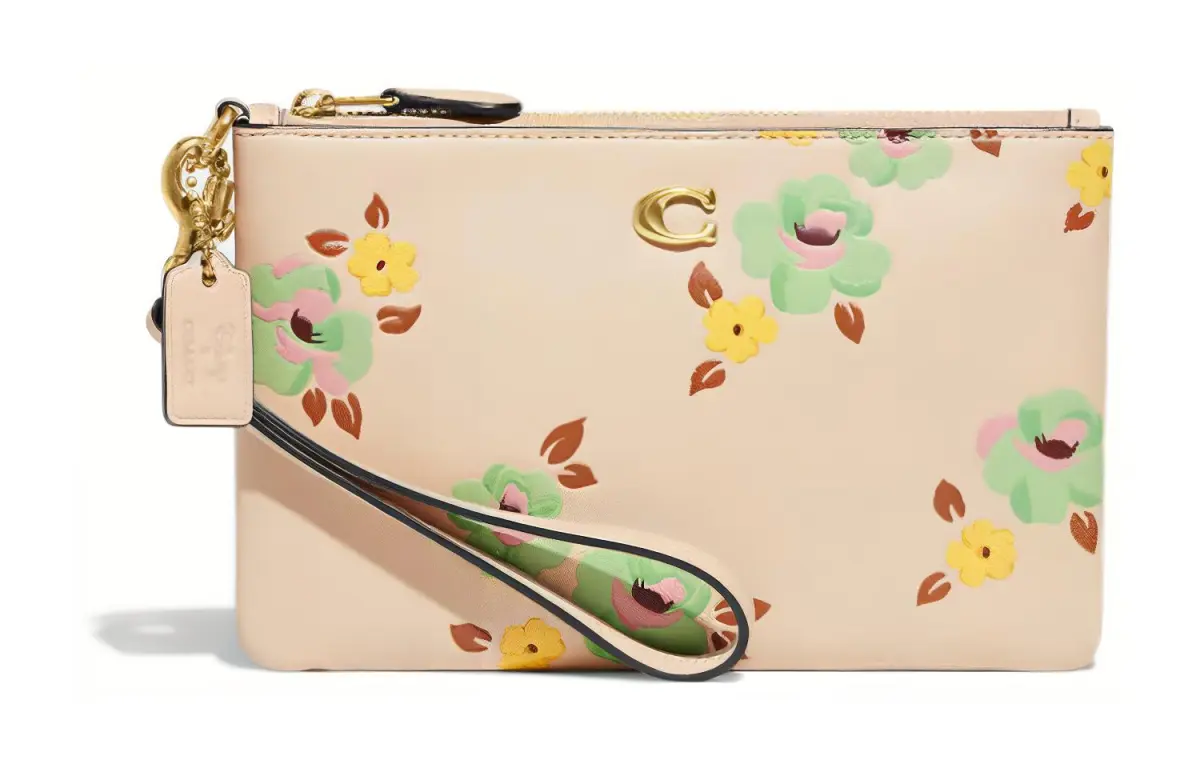 COACH Wristlet Cow Leather Wrist Bag Clutch Small Women's Beige Yellow