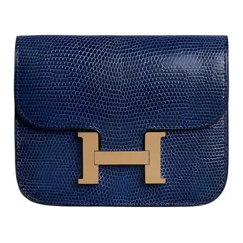 HERMES Constance Slim Rose Gold Buckle Lizard Skin Wallet, Card Holder, Fanny Pack Women's 73 Bleu Saphir Sapphire Blue