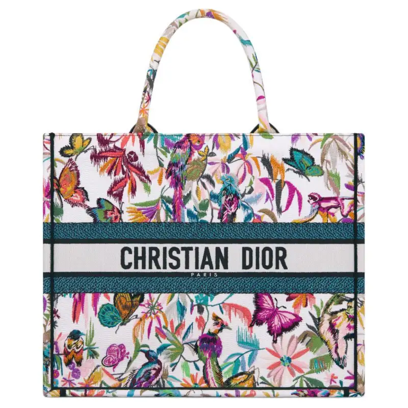 DIOR BookTote Toile De Jouy Fantastica Embroidery Tote Bag, Shopping Bag, Handbag Large Women's White & Multicolor