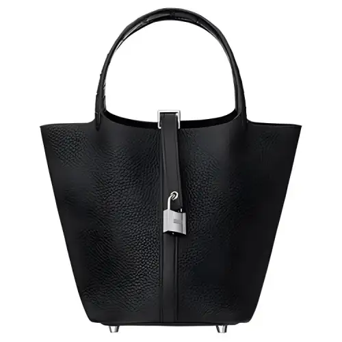 HERMES Picotin Lock Clemence Bullock Leather With Crocodile Leather Basket Bag, Bucket Bag, Handbag Women's Noir Black