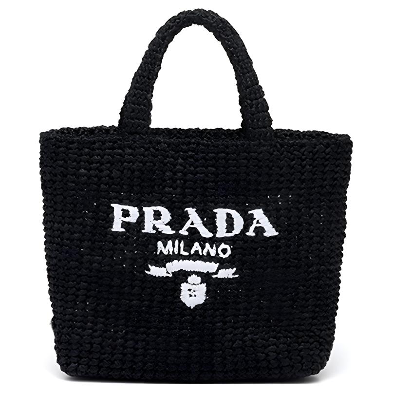 PRADA Woven Raffia Fiber Tote Bag, Shopping Bag, Handbag Small Women's Black