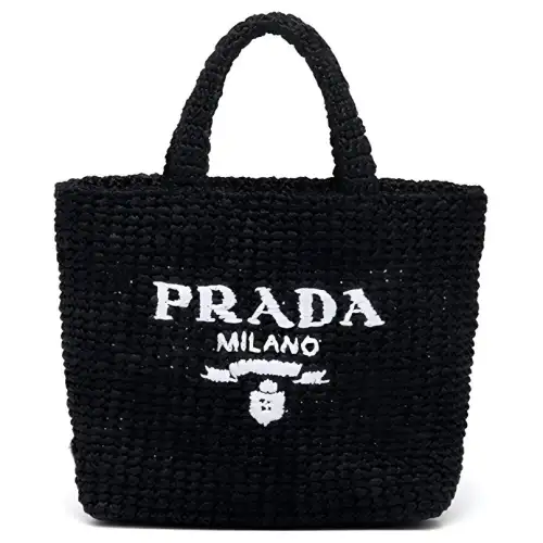PRADA Woven Raffia Fiber Tote Bag, Shopping Bag, Handbag Small Women's Black