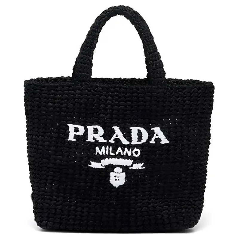 PRADA Woven Raffia Fiber Tote Bag, Shopping Bag, Handbag Small Women's Black