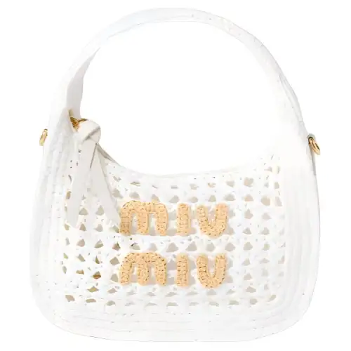 MIU MIU Wander Woven Fabric Crescent Bag, Shoulder Bag, Crossbody Bag, Handbag Women's White & Natural