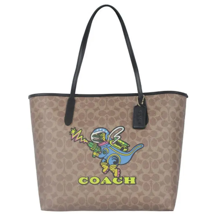 COACH PVC Tote Bag, Shopping Bag, Handbag Large Women's Khaki Multicolor