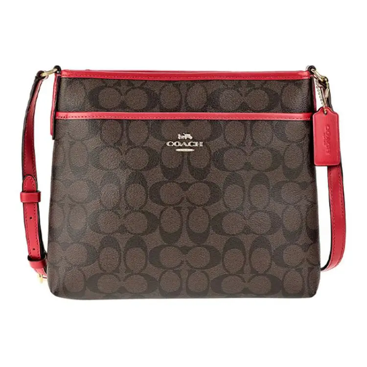 COACH File Classic Monogram Canvas With Leather, Artificial Leather Crossbody Bags Large Unisex Dark Brown & Red