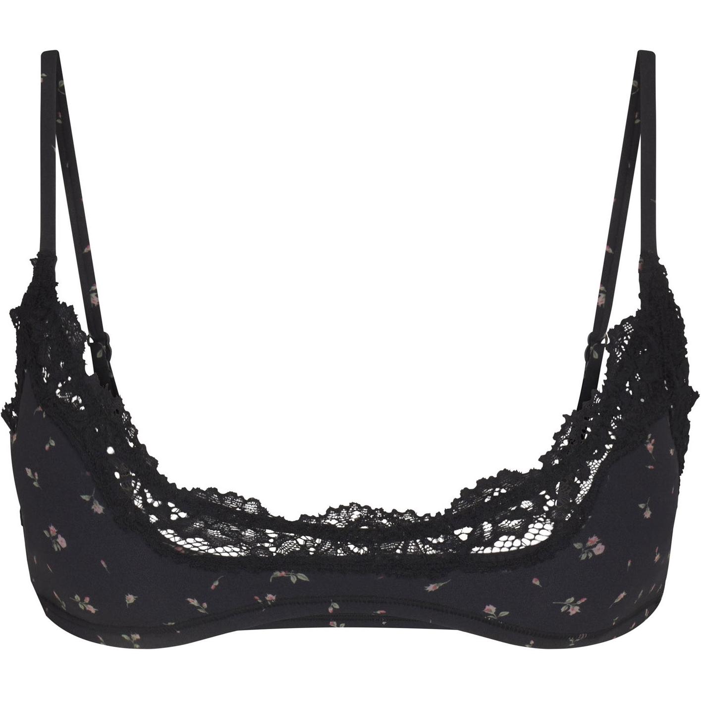 SKIMS FW24 FITS EVERYBODY LACE SCOOP BRALETTE Spliced Lace Pullover Adjustable Strap Bra Women's 1-piece ONYX ROSEBUD PRINT/Agate Rose Bud Print
