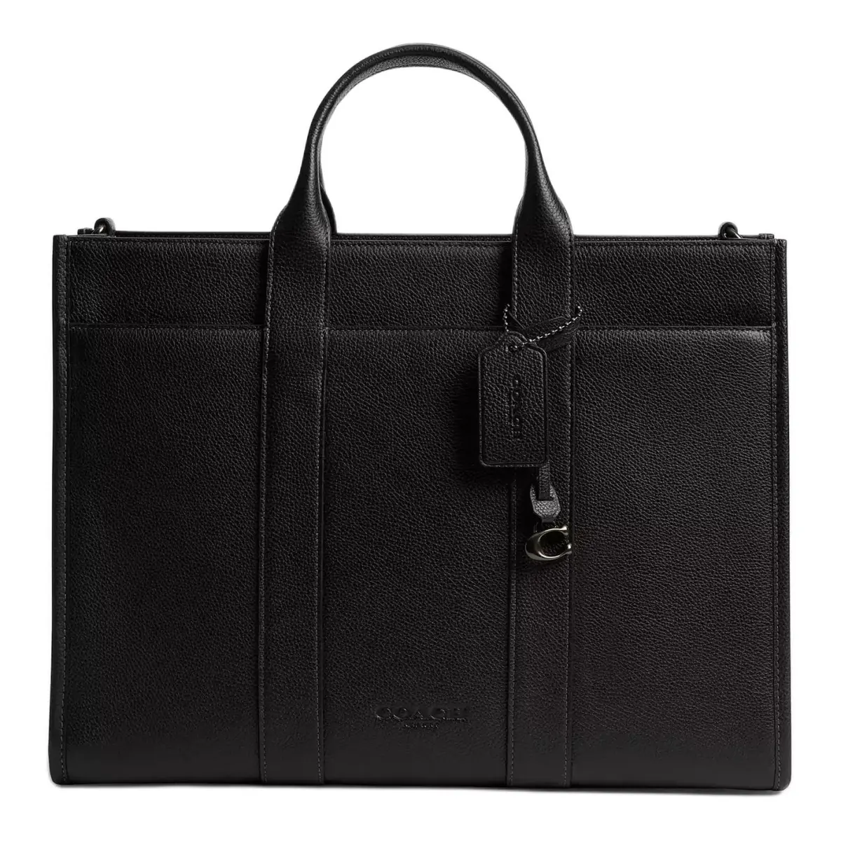 COACH Polished Litchi Grain Leather Tote Bag, Shopping Bag, Handbag Large Men's Black