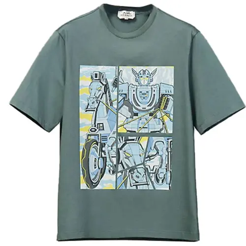 HERMES Giant Carriage Print Crew Neck Pullover Short Sleeved FW22 T Shirt Men's Gray Green