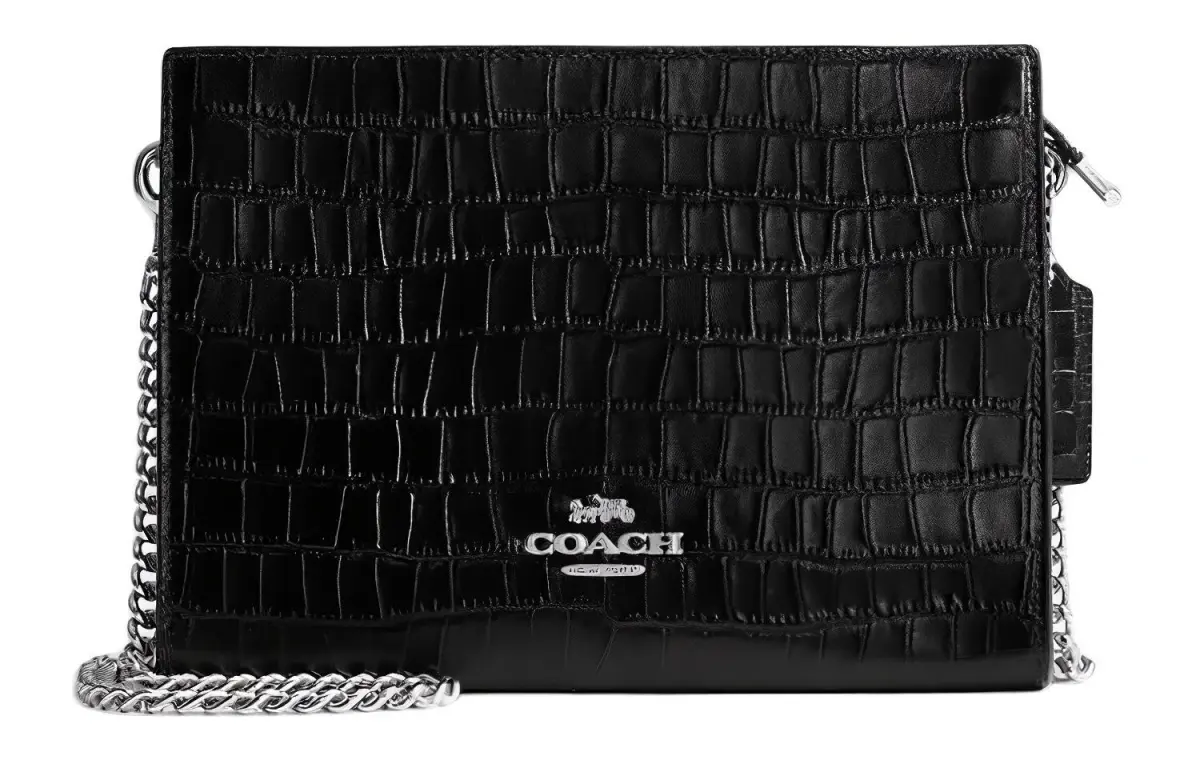 COACH Crocodile Embossed Leather Shoulder Bag, Crossbody Bag Small Women's Black