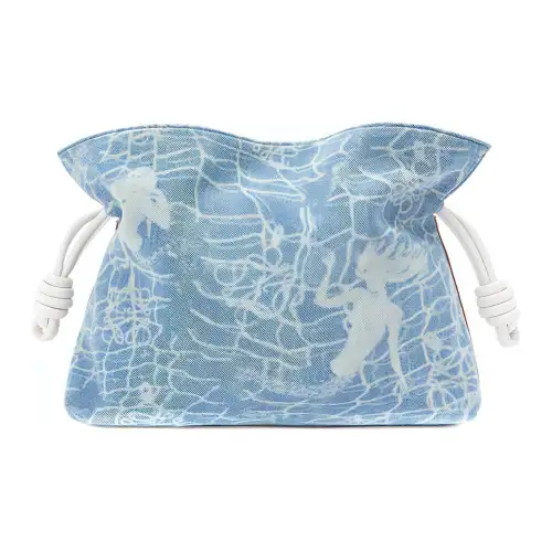 LOEWE Flamenco Magnetic Closure Denim With Classic Cow Leather Crossbody Bag Clutch Women's Washed Blue & White