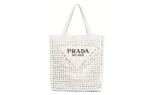 PRADA Raffia Fiber Tote Bag, Shopping Bag, Shoulder Bag, Handbag Women's White