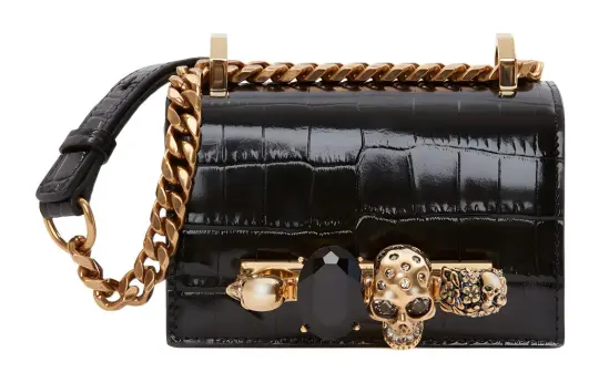 Alexander McQueen JEWELLED SATCHEL Crocodile Embossed Calfskin Shoulder Bag, Crossbody Bag Women's Black