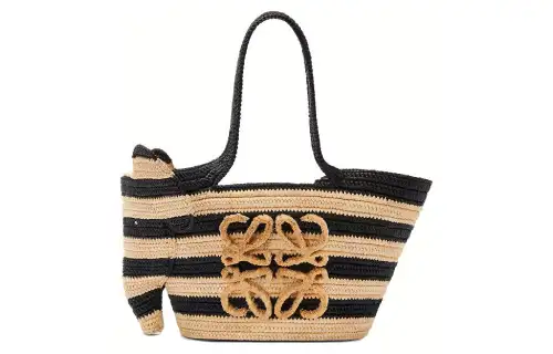 LOEWE Raffia Fiber Cow Leather Shoulder Bag, Crossbody Bag, Handbag Women's Black & Linen
